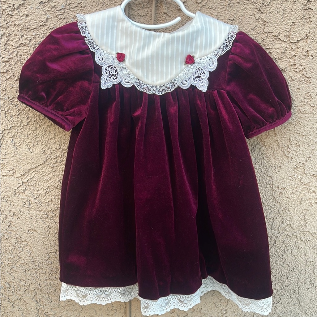 Vintage Rare Editions Burgundy Velvet Dress With Cream Stripes Sz 4t